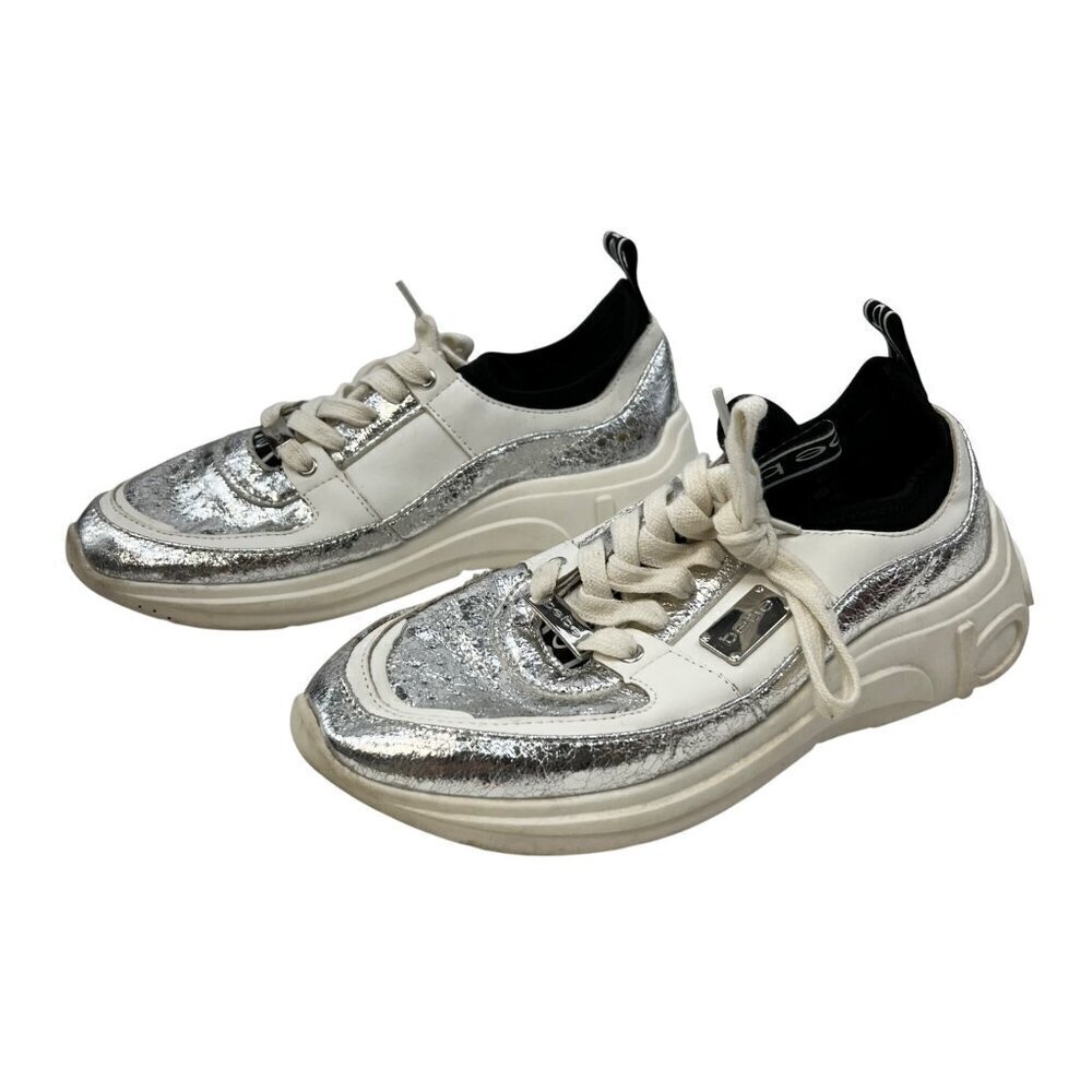 Bebe Sport Lealea Womens Metallic Sneakers Lace Up Off White/Silver Size 8.5